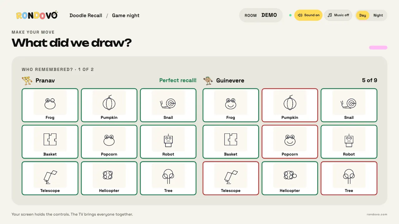 Doodle Recall on Rondovo: the shared screen during a game