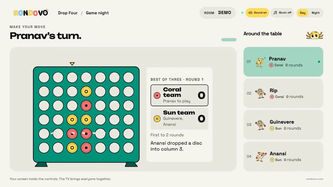 Drop Four on Rondovo: the shared screen during a game