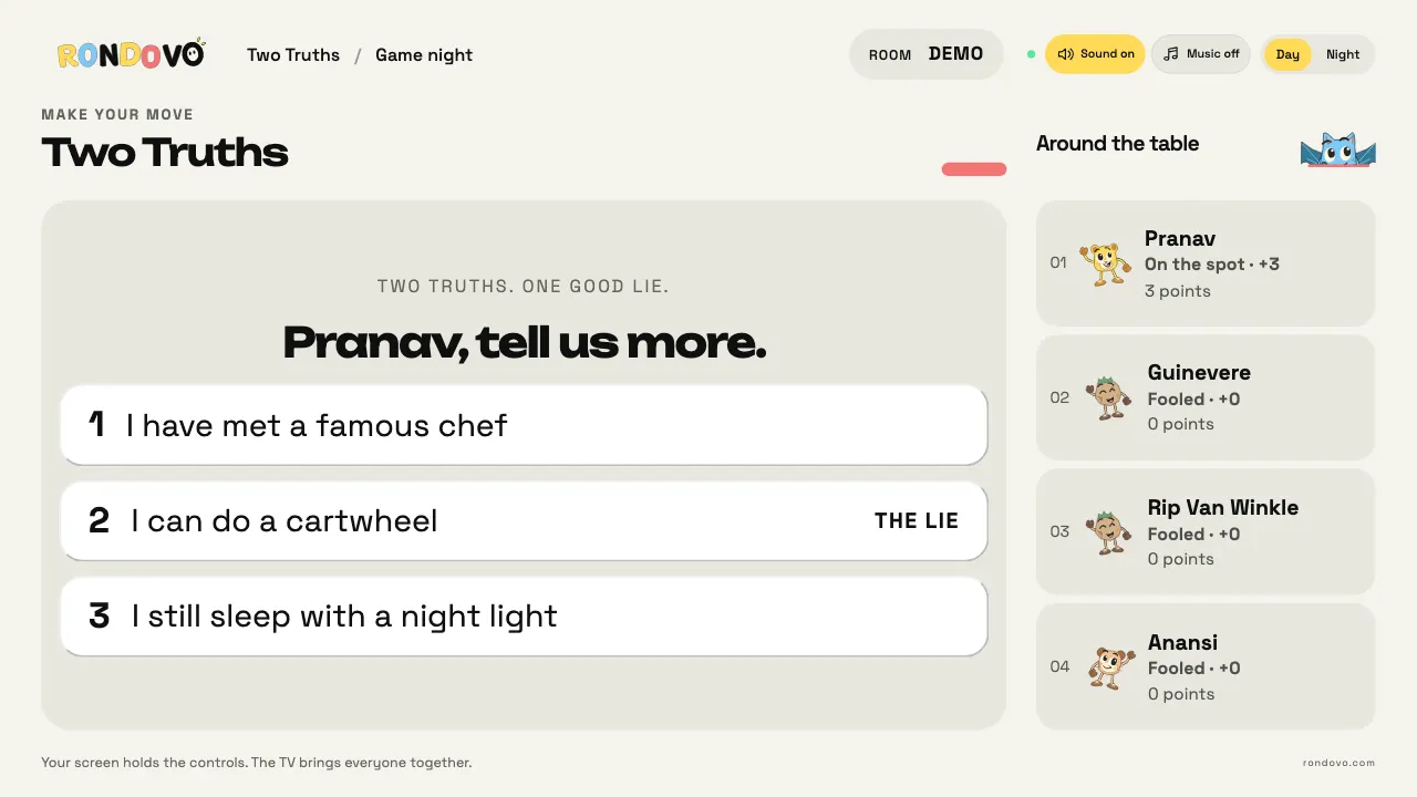 Two Truths on Rondovo: the shared screen during a game